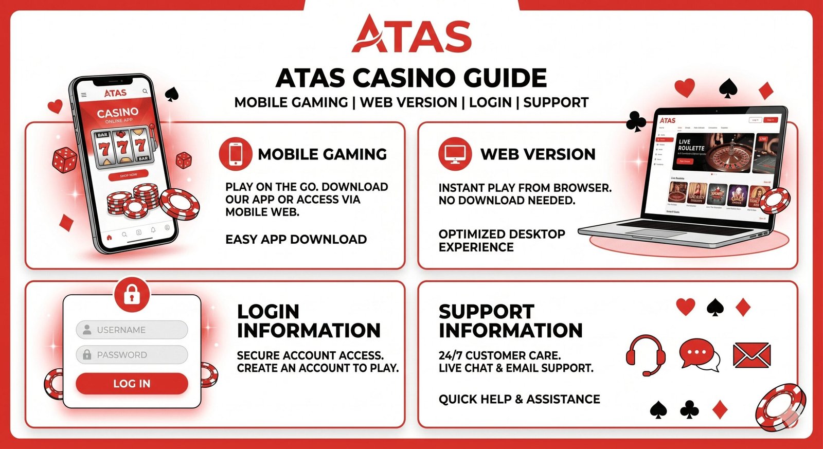 Atas casino guide showing mobile gaming, web version, login and support information